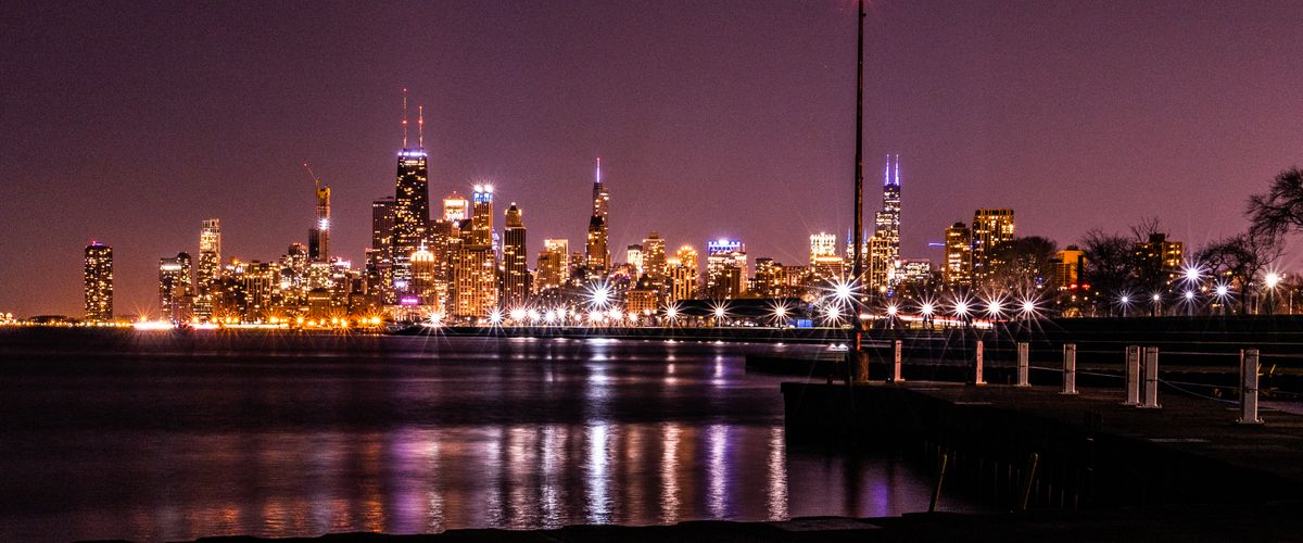 Chicago skyline at night along Lake Michigan